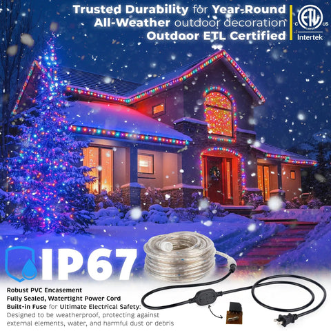 Colorful Outdoor Rope Lights 300 Ft With 3312 LEDs Waterproof ETL Certified 360 Degree Omnidirectional Illumination on snowy house