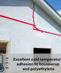 Construction Seaming Tape 8087CW applied to housewrap on building exterior, demonstrating UV resistance and cold-temperature adhesion.