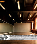 Interior with warm white fluorescent lamps illuminating a large open room with mirrors and high ceiling