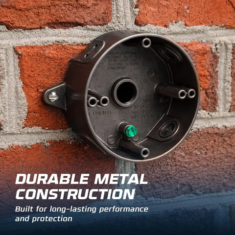 Four Pack Round Outdoor Junction Boxes With Five Half Inch Holes Die Cast Wet Rated Exterior Electrical Box For Weatherproof Power Connections Plugs And Ground Screw Compatibility mounted on brick wall