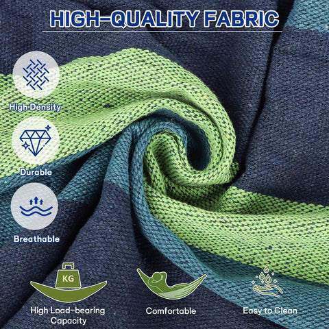 Close-up of blue and green high-density fabric highlighting features of Beefy Heavy Duty Two Person Camping Hammock With 660 Lb Capacity.
