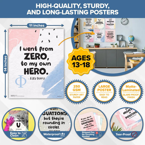 16 Funny Math Posters For High School Classrooms 11x14 Matte Laminated Decor; 'Zero to Hero' poster highlighted, 13-18 age range