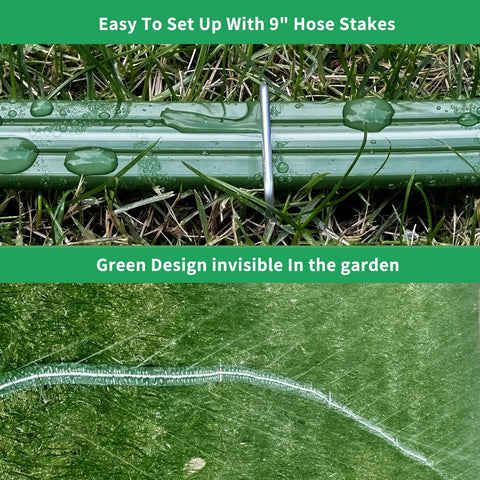 Sprinkler Hose And Soaker Hose For Yard 100 Feet Reinforced Flat Garden Hose With Holes Heavy Duty No Kink Lawn Irrigation Hose setup with stake