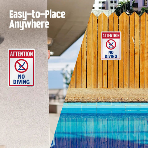 Attention No Diving Pool Sign 14 By 10 Inches Outdoor Aluminum with 40 Mil Lamination rustproof red blue white on fence and wall.