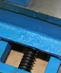 Close-up of blue ductile iron HFS labeled component of Three Inch Cross Slide Vise For Drill Press And Milling Projects Built Tough