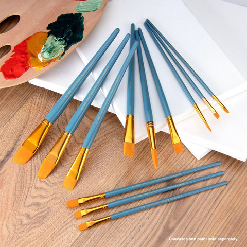 Zip N Close 12 Piece Brush Set In Vinyl Pouch for Acrylics and Watercolor on wooden surface with paint palette