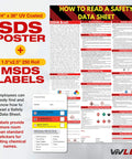 SDS poster and MSDS labels for safety data reading with OSHA guidelines, includes sticker examples with health hazards.