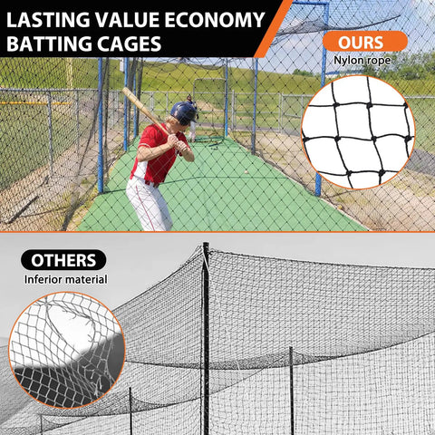 Player practicing in Batting Cage Netting For Backyard Or Garage Use 10x10x35 Ft Or 12x12x55 Ft No Frame Included with rope edges