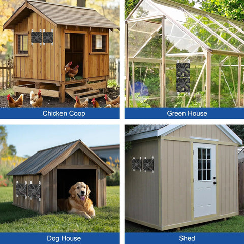 Solar Exhaust Fan For Chicken Coop With Battery And Adjustable Thermostat in various outdoor settings like coops, greenhouses, sheds.