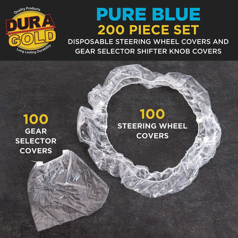 200 Piece Disposable Steering Wheel Covers And Gear Selector Covers Set For Universal Fit Clear Plastic With Elastic Bands Handbrake Cover Keeps Your Ride Clean Inside And Smudge Free package showing 100 covers each