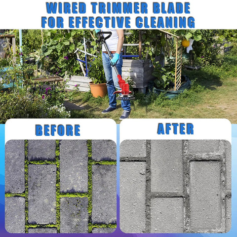 8 Inch Unbreakable Wired Trimmer Blade With Adapter Kit cleaning patio weeds; before and after results shown