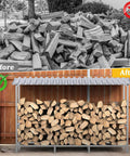 Before and after showing Heavy Duty Four Foot Firewood Rack With Weather Cover For Indoor And Outdoor Use in yard.