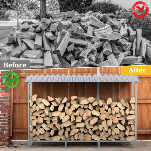 Before and after showing Heavy Duty Four Foot Firewood Rack With Weather Cover For Indoor And Outdoor Use in yard.