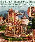 3D Puzzle For Adults Dope Dream Factory Gift Kit Luminous Wooden Model DIY Dollhouse Scene With Music Lights Busy Production Line And Five Elves For Collectors showing fairy-tale styled building, gift factory scene, raw stock container and elves