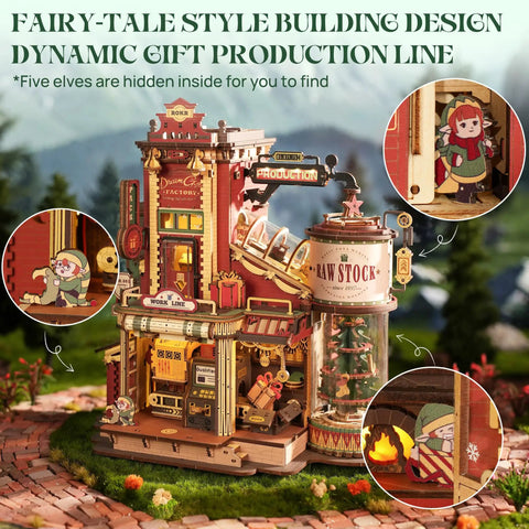 3D Puzzle For Adults Dope Dream Factory Gift Kit Luminous Wooden Model DIY Dollhouse Scene With Music Lights Busy Production Line And Five Elves For Collectors showing fairy-tale styled building, gift factory scene, raw stock container and elves