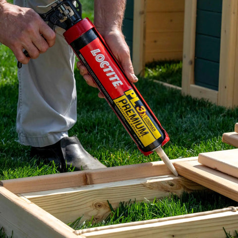 Person using 3X Stronger Do-It-All Polyurethane Construction Adhesive 10 Oz Cartridge 12 Pack For Wood, Concrete, Stone, Metal And More Versatile Bonding Solution For Indoor And Outdoor Projects on wooden frame outdoors