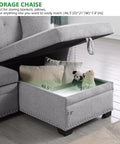 Storage chaise of Straight Up Comfy 82 Inch Sectional Sofa Bed with dimensions, holding pillows and toys, grey fabric.