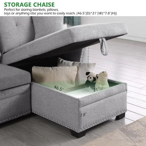 Storage chaise of Straight Up Comfy 82 Inch Sectional Sofa Bed with dimensions, holding pillows and toys, grey fabric.