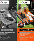Comparison of old BBQ tool holder and orange silicone griddle mat 5 in 1 organizer with dry wet separation on griddle