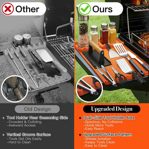 Comparison of old BBQ tool holder and orange silicone griddle mat 5 in 1 organizer with dry wet separation on griddle