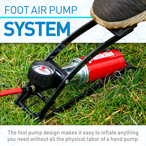 Built Tough Foot Pump For Quick Inflation Of Sports Balls And Bike Tires And Car Tires Up To 100 PSI Heavy Duty Iron Construction Foot Operated Design Multi Use Inflator For Home Garage Or On The Go foot air pump with gauge on grass