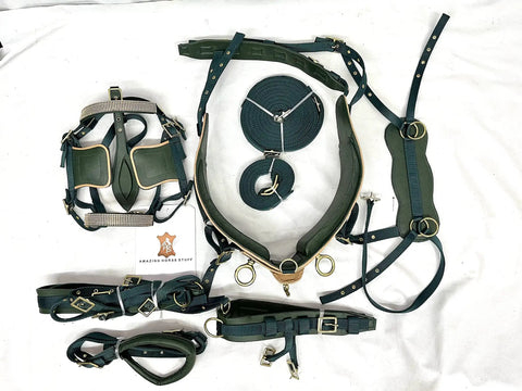 Olive Green Nylon Driving Harness With Brass Plated Fittings And Diamond Chain Browband And Noseband Beige Patent Piping Full Cob Pony Shetland Mini Sizes Built Tough For Everyday Driving And Smooth Control