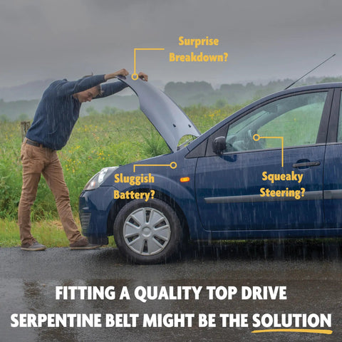 Man inspecting car in rain with issues labeled, suggesting Premium EPDM Serpentine Drive Belt 6PK2135 For Cars And SUVs replacement