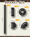 148 Piece Black Iron Pipe Fitting Set With Long And Short Pipes Tees Elbows Floor Flanges For DIY Furniture Shelving One Half Inch Industrial Vintage Style Nipple Bundle For Craft Projects, showing individual piece dimensions and quantities.
