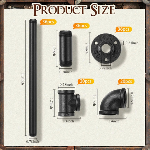 148 Piece Black Iron Pipe Fitting Set With Long And Short Pipes Tees Elbows Floor Flanges For DIY Furniture Shelving One Half Inch Industrial Vintage Style Nipple Bundle For Craft Projects, showing individual piece dimensions and quantities.