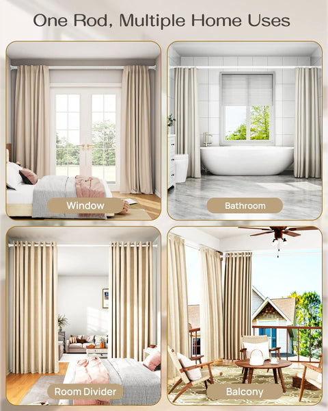 Heavy Duty Tension Curtain Rod No Drill Extendable 42 To 123 Inches in use for windows, bathrooms, room dividers, balconies