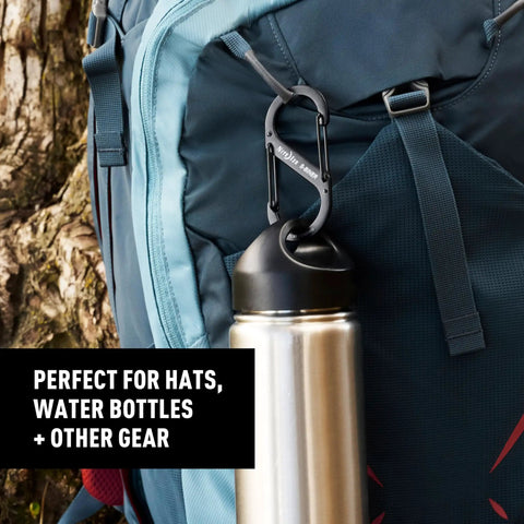 Backpack with stainless steel dual SBiner Clip Size 4 holding water bottle, perfect for hiking and camping gear.