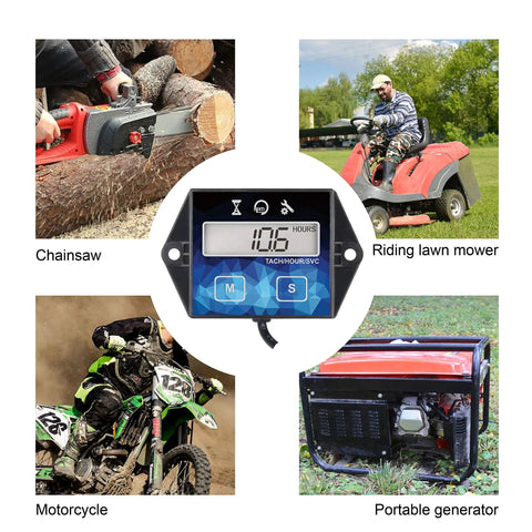 Keepin Tabs Digital Hour Meter With Tachometer And Maintenance Reminders for lawn care and equipment shown on devices