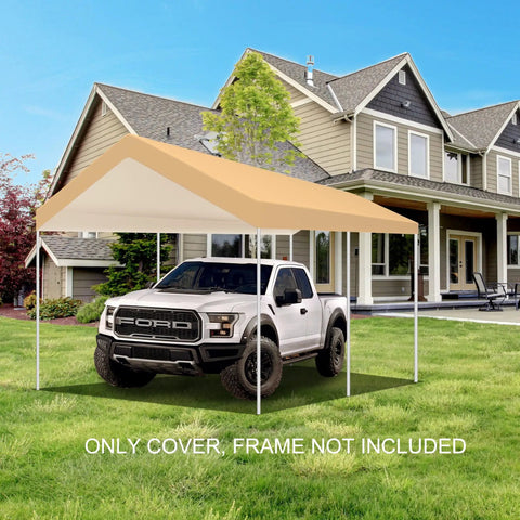 10x20 Beige Carport Replacement Top Cover For Outdoor Shelter Waterproof And UV Protected Tarp With Ball Bungees Fits 10x20 Carport Frame Not Included Heavy Duty Roof Cover over white pickup truck on lawn