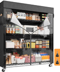 72.8 Inch 5 Tier Heavy Duty Storage Shelving With Cover And Wheels For Pantry Or Garage, black metal rack with clear front cover and casters