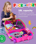 Child playing with pink kids ride-on luggage packed with toys and clothes, showcasing its 18L capacity for travel fun and convenience.