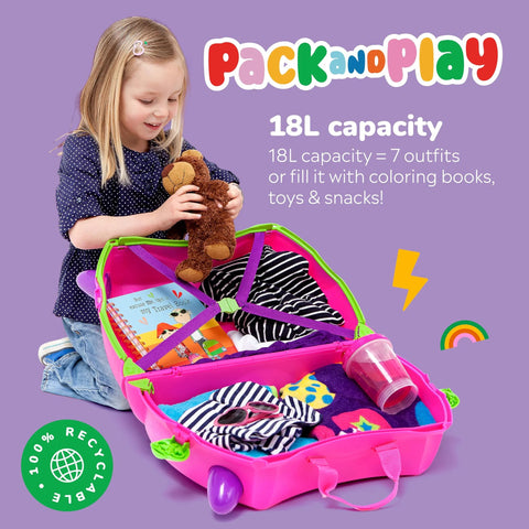Child playing with pink kids ride-on luggage packed with toys and clothes, showcasing its 18L capacity for travel fun and convenience.