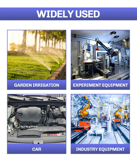Grid of uses: garden irrigation, experiment equipment, car engine, and industry equipment showcasing versatility.
