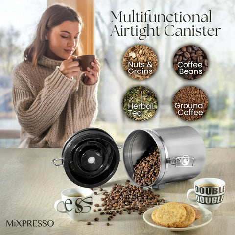 16 Ounce Stainless Steel Coffee Canister With Scoop For Fresh Beans, Airtight Storage, shown with coffee and cookies.