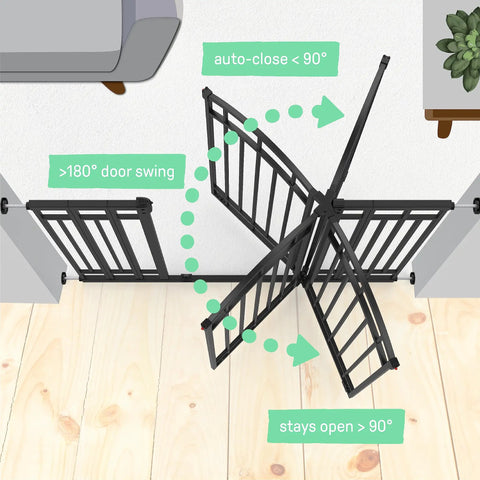 Top view of Extra Tall Walk Through Baby Gate for Doorways and Stairs showing 180° swing and auto-close feature in black metal.
