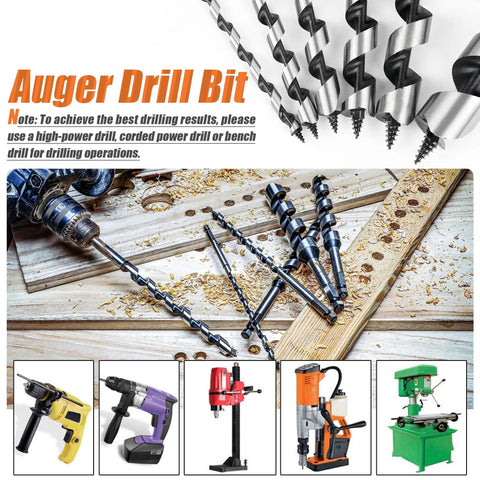 Six Piece Nine Inch Long Auger Drill Bit Set For Wood, Hex Shank, displayed on a wooden board, shown with power drills.