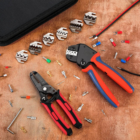 Ratcheting Crimping Tool Kit Pro Grade With Six Interchangeable Dies, insulated terminals, and wire strippers on a workbench.