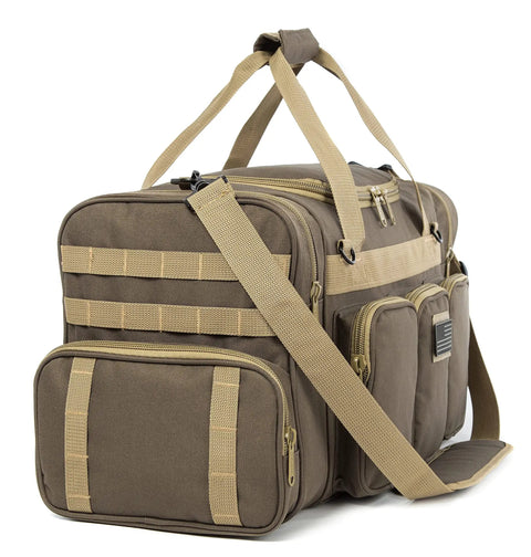 Heavy Duty Tactical Range Duffel With MOLLE Gear, Lockable Zippers, Water Resistant Polyester, Large Opening, Military Style Travel Gym Bag for Sports and Duty, Khaki 27 Inch With US Flag Patch