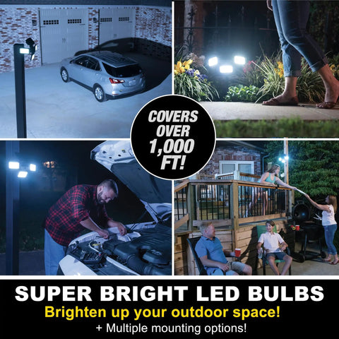 Collage showing Solar Outdoor Garden Lights With Motion Sensor And 180 Degree Swivel Panels, 108 COB LEDs, waterproof for yard and patio