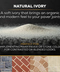10 Pound Natural Ivory Polymer Sand With Ceramic Flex Technology For Flexible, Durable Paver Joints From 1 Eighth Inch To 4 Inches, Easy To Use Packaging, Professional Grade Results For Stone And Paver Surfaces on display with sample paver arrangements.