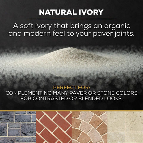 10 Pound Natural Ivory Polymer Sand With Ceramic Flex Technology For Flexible, Durable Paver Joints From 1 Eighth Inch To 4 Inches, Easy To Use Packaging, Professional Grade Results For Stone And Paver Surfaces on display with sample paver arrangements.