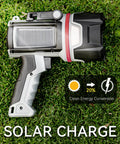 Beast Bright Rechargeable Spotlight Flashlight with P50 LEDs showing solar charging feature on grass