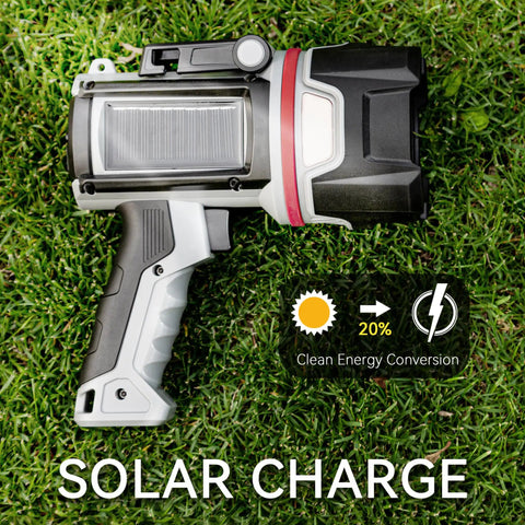 Beast Bright Rechargeable Spotlight Flashlight with P50 LEDs showing solar charging feature on grass