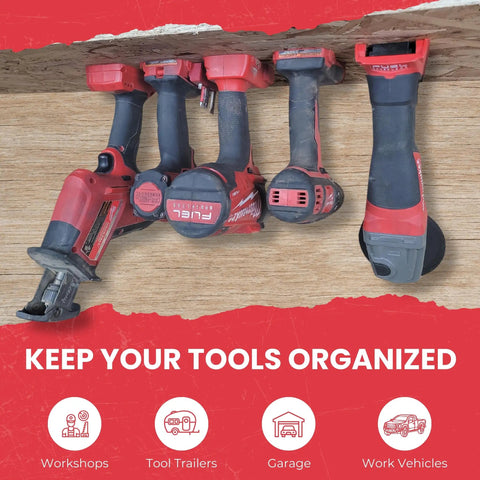 Heavy Duty Slide On Tool Holders Pack Of 10 For M18 Power Tools Wall Mounts, organizing drills and grinders on wood wall