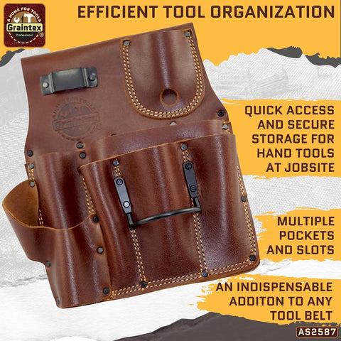 Right Handed Ambassador Series Drywall Pouch Chestnut Brown Top Grain Leather Pro Grade With One Hammer Holder