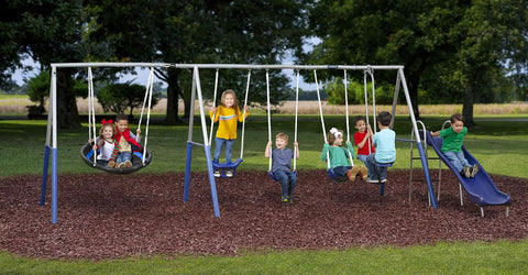Backyard Play Set With 6 Foot Wave Slide, 6 Stations, And Room For Up To 8 Kids, Kid Friendly Design, Easy Assembly Galvanized Steel Swing Set